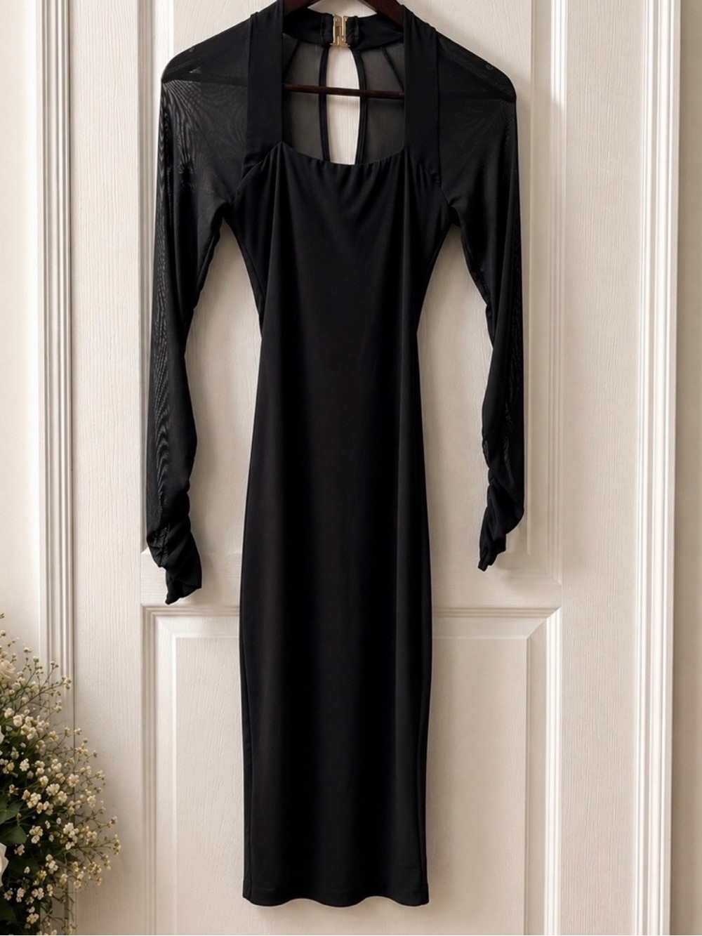 Club L London Black Long Sleeve Midi Dress with Sheer Sleeves